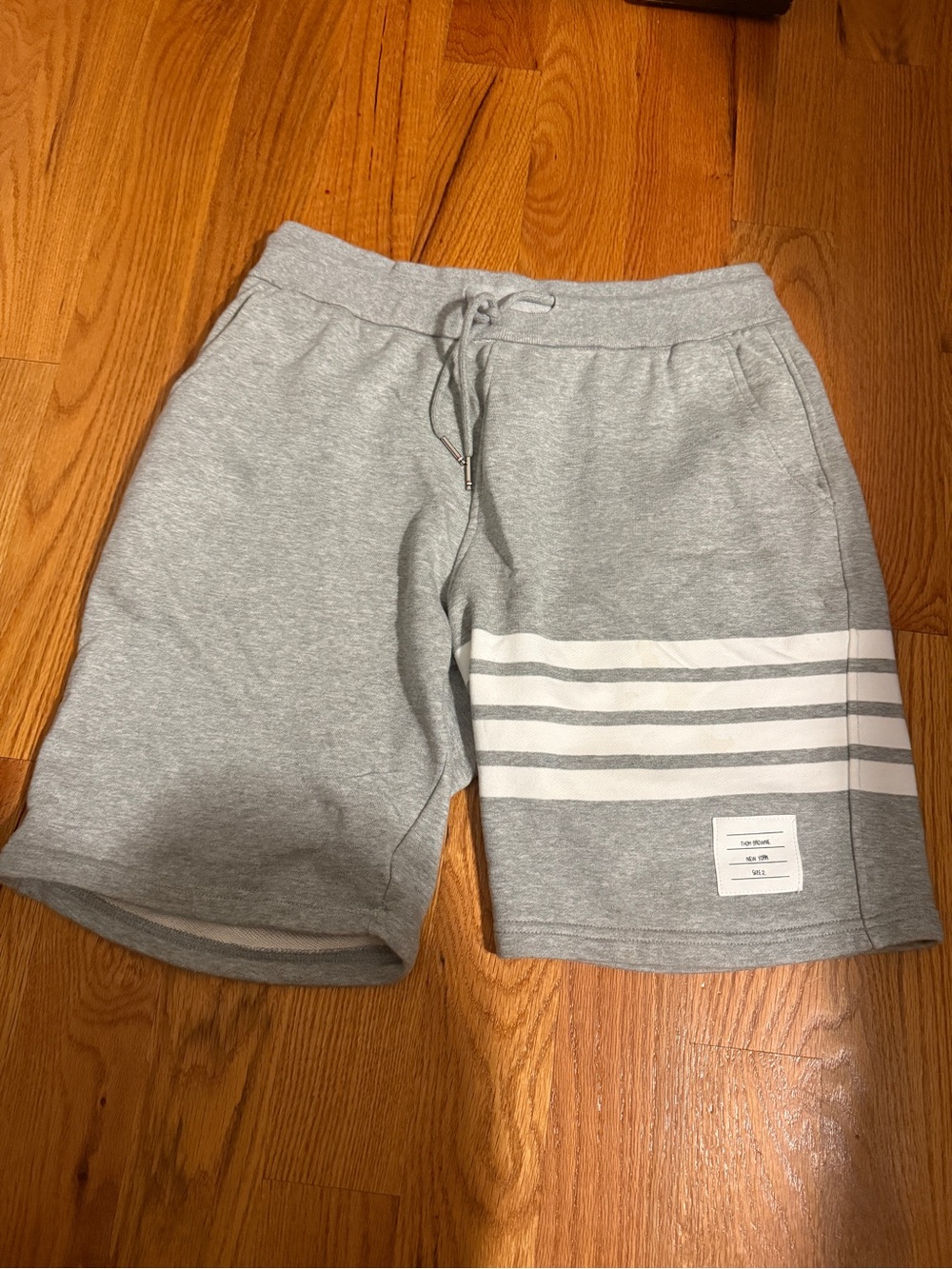 Thom Browne Light Gray Athletic Shorts with White Stripe Detail